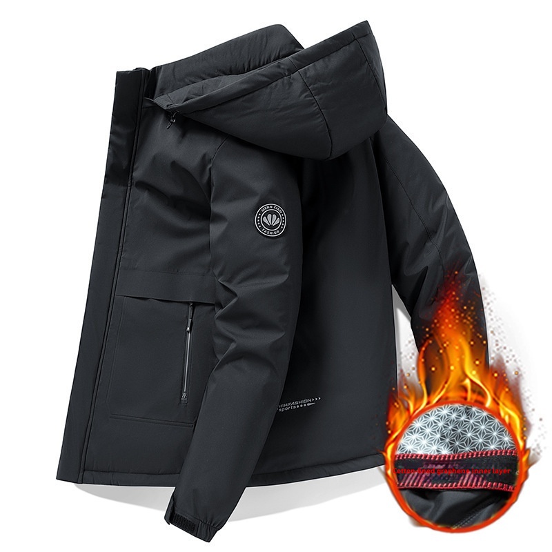 Jaqueta masculina de inverno com capuz, estilo softshell, em algodão espesso com grafeno._voghion.com
