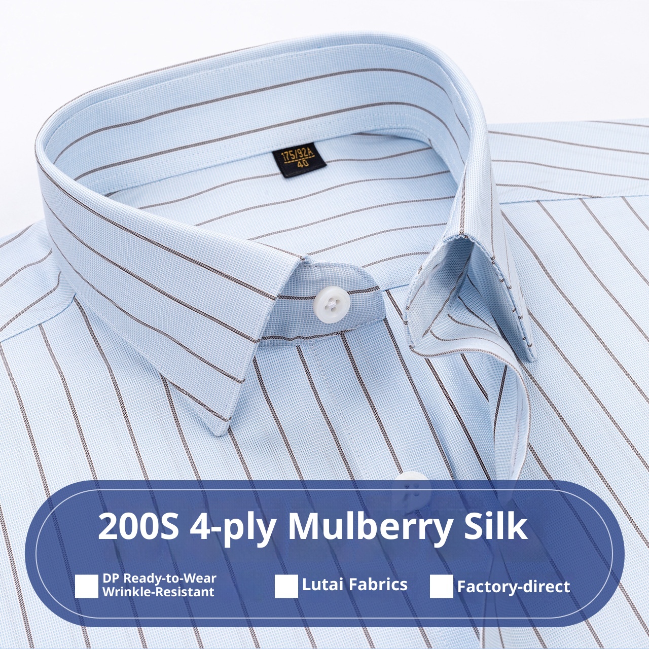 ForMen DP Bügelfreies, leichtes und hochwertiges Business-Casual-Hemd aus Maulbeerseide mit blauen Streifen, 200 Fäden pro Zoll._voghion.com