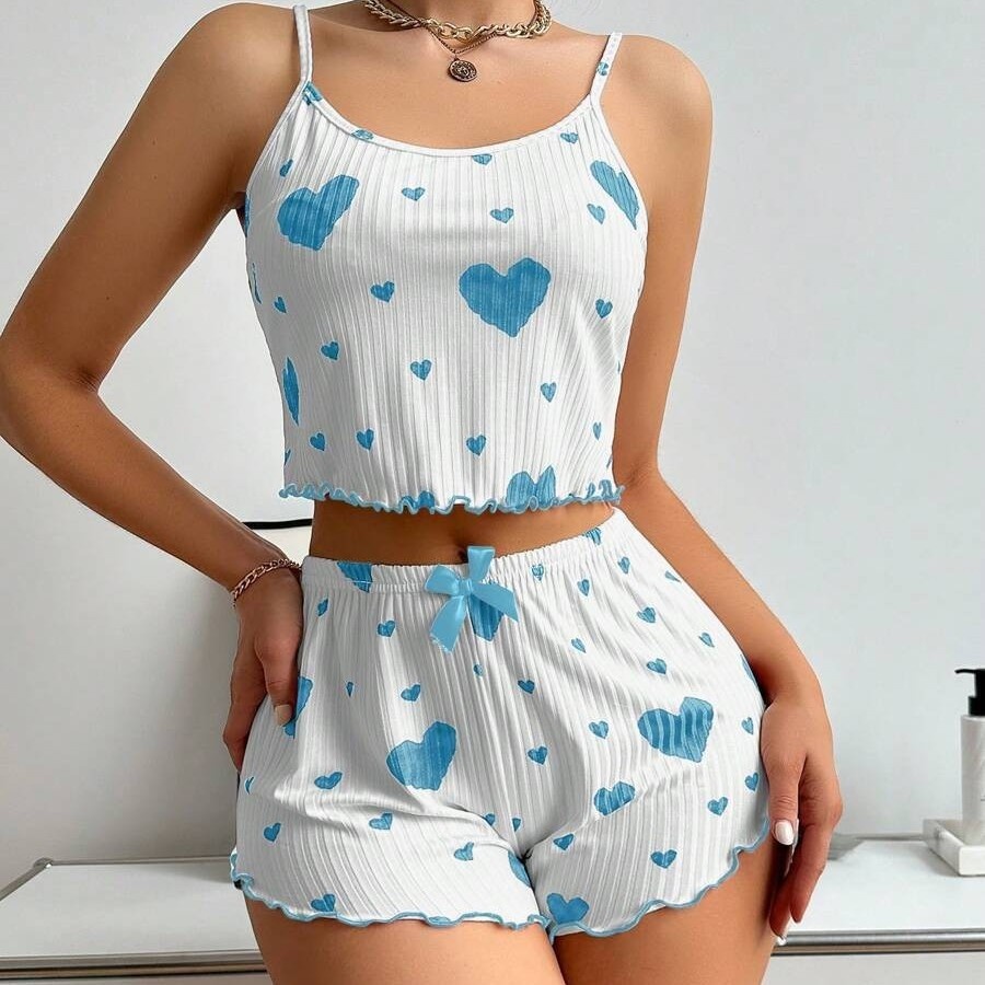 ChicShe Hot-Selling Homewear Heart Print Camisole Shorts Casual Ribbed Wearable European And American Style Women's Sleepwear_voghion.com