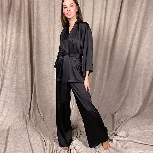 ChicShe European And American Foreign Trade Autumn Long Sleeve Cardigan Robe For Women With Tie Loose Home Pants Pajama Set_voghion.com