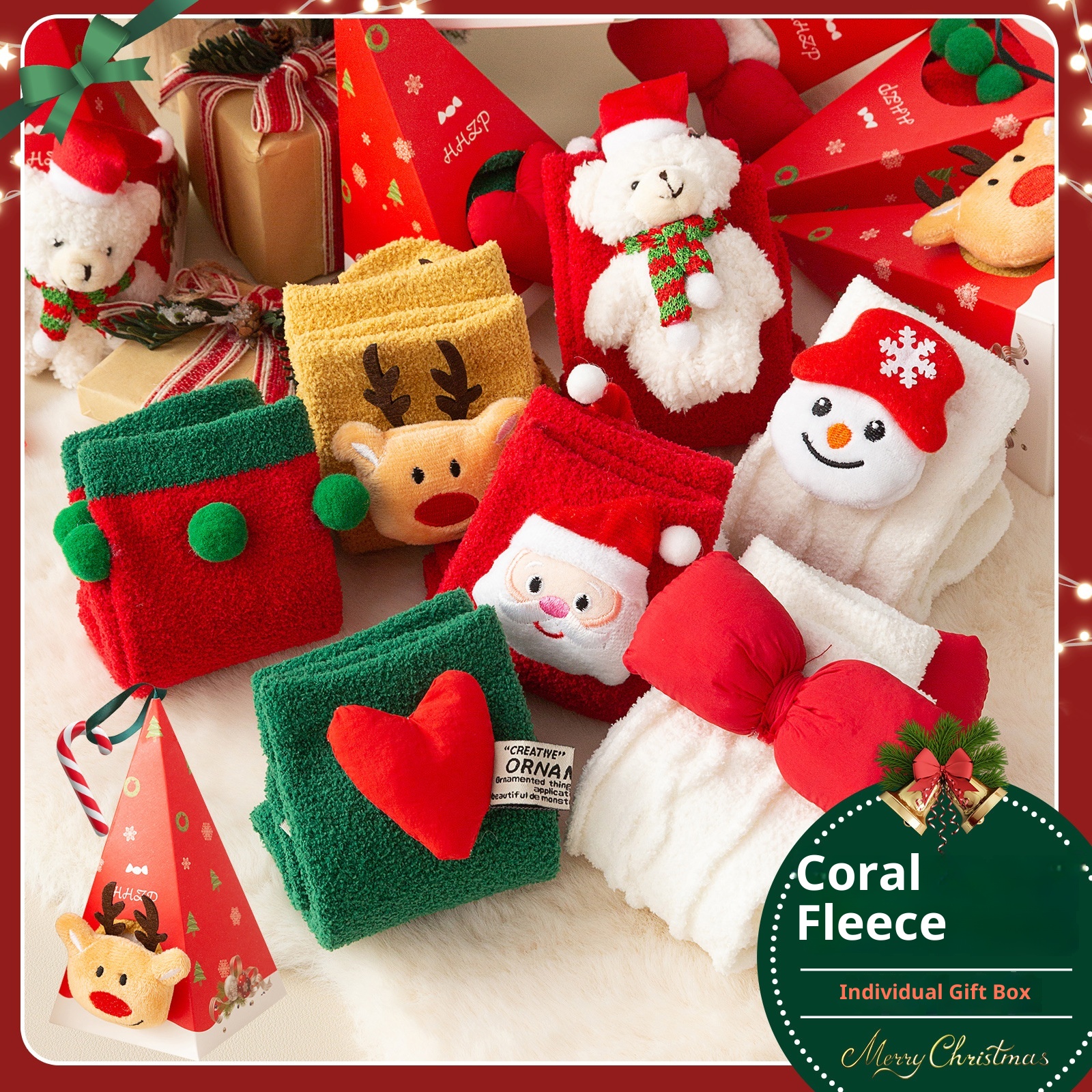 Lillian, set di calzini a metà polpaccio in caldo pile corallo, creativi e carini, per autunno e inverno, regalo per la vigilia di Natale_voghion.com