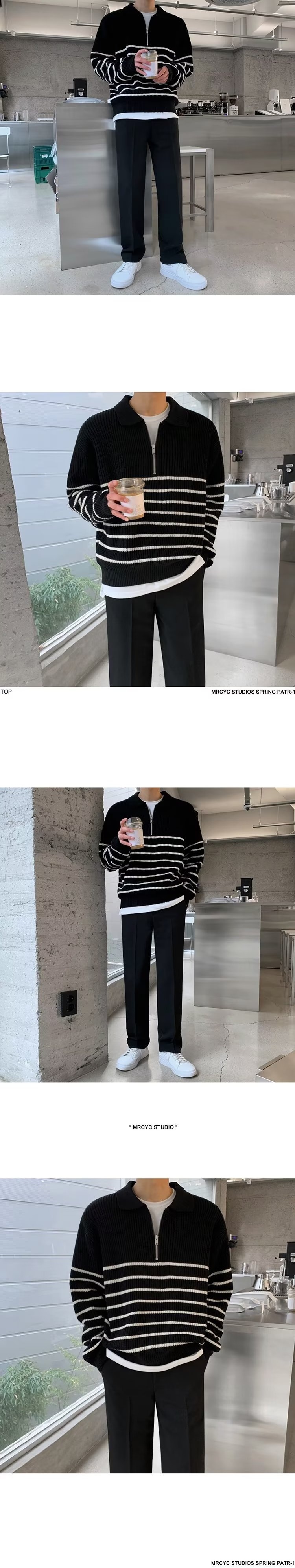 Schwarz-weiß gestreifter Strickpullover für Herren im koreanischen Stil mit Umlegekragen – ein exklusives und hochwertiges Partner-Sweatshirt für lässige Freizeitkleidung._voghion.com