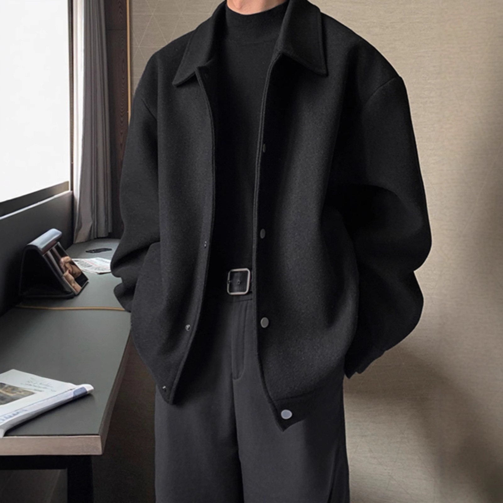 boy Mature And Stable Men's Gray Lapel Jacket Autumn Korean Style Cleanfit Loose Wool Coat Outerwear_voghion.com