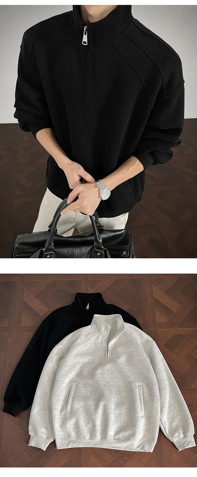 Herren-Sweatshirt im amerikanischen Retro-Stil mit halbem Reißverschluss und Stehkragen, locker geschnitten, Herbst 2025, Modell Heavy Loose Couple Jacket_voghion.com