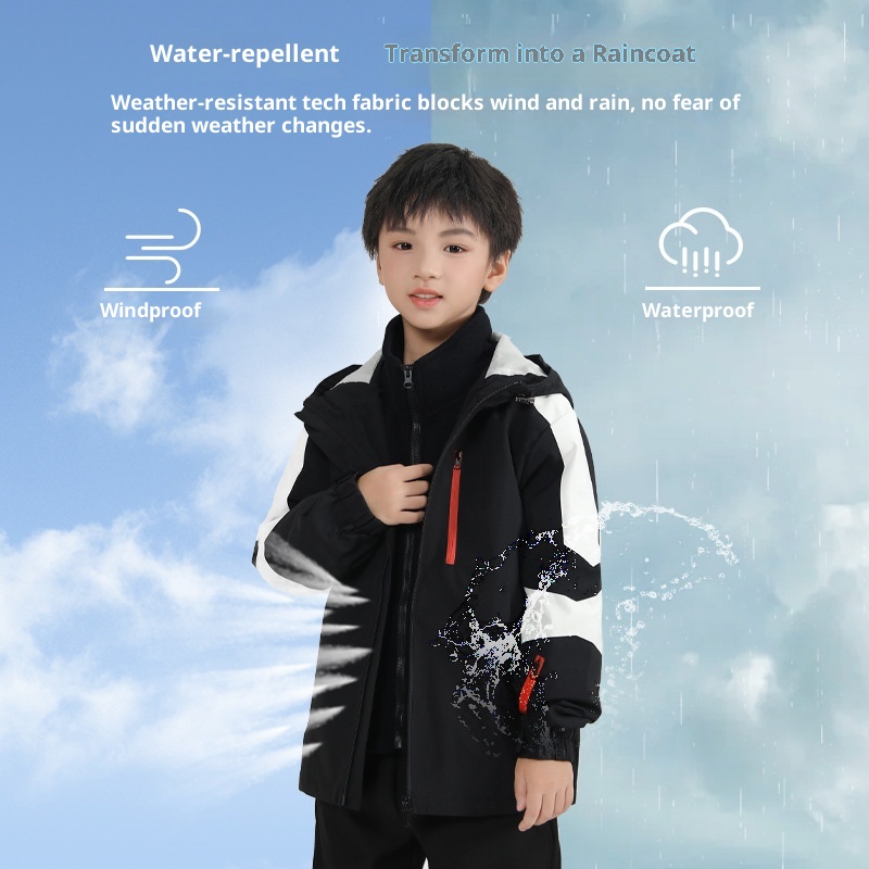 001 Children's Softshell Jacket Pants Set For Boys And Girls, Fleece-Lined, Waterproof, Windproof, Warm Three-Piece Outfit_voghion.com
