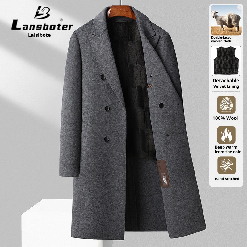 boy 100% Double-Breasted Over-the-Knee Long 2025 Autumn Winter Velvet Lined Reversible Wool Coat For Men_voghion.com
