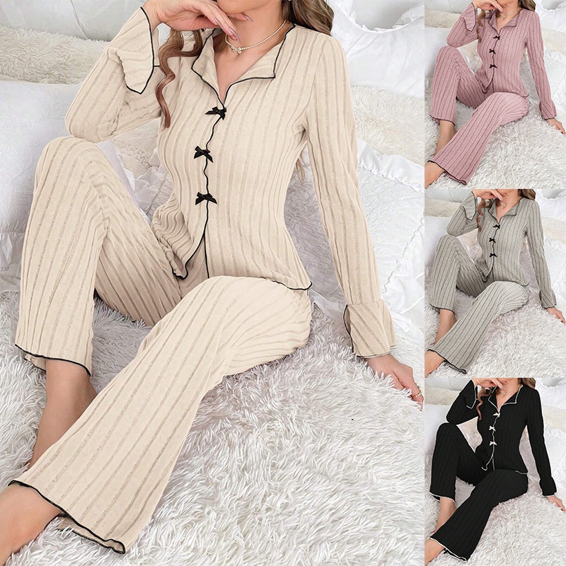ChicShe Foreign Trade Cross-Border European American Autumn Winter Women's Pajamas With Turn-Down Collar Bowknot, Fashionable_ecoleips.com