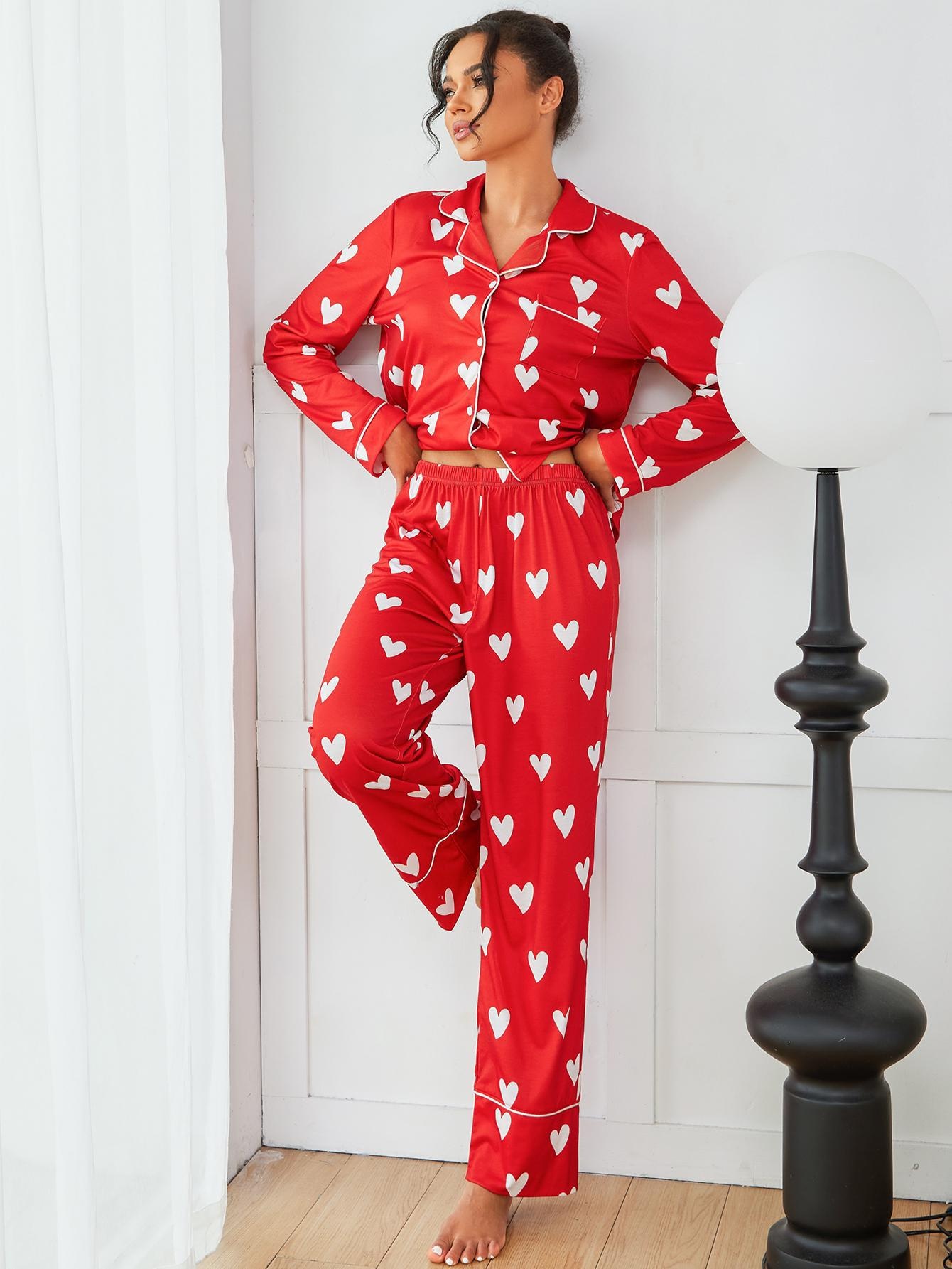 ChicShe European American Cross-Border Women's Pajamas Autumn Winter Heart Print Long Sleeve Shirt And Pants Two-Piece_voghion.com