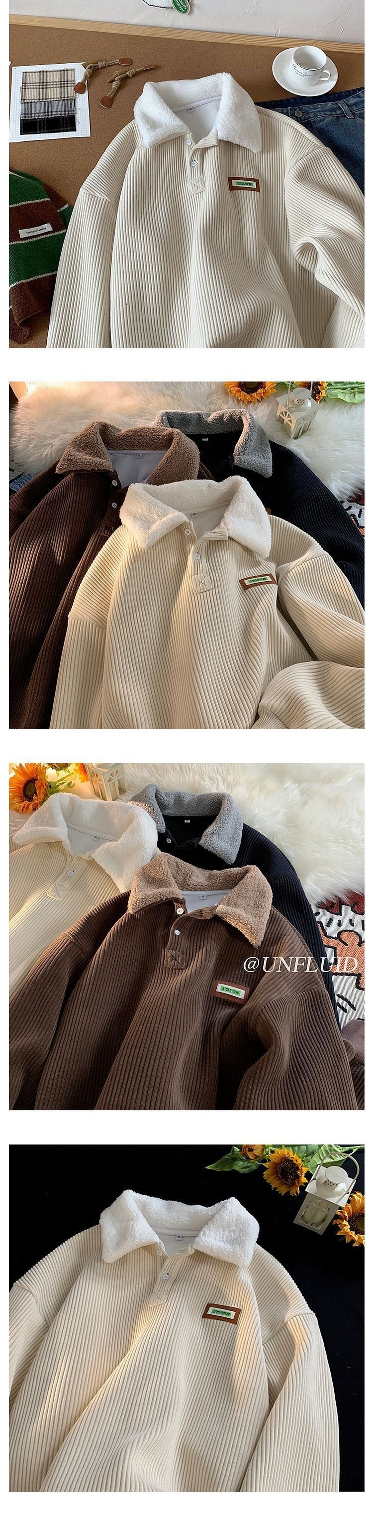 Felpa unisex in velluto a coste per studenti, foderata in pile, spessa, autunno inverno, chic, stile Hong Kong, casual, calda, con colletto polo_voghion.com