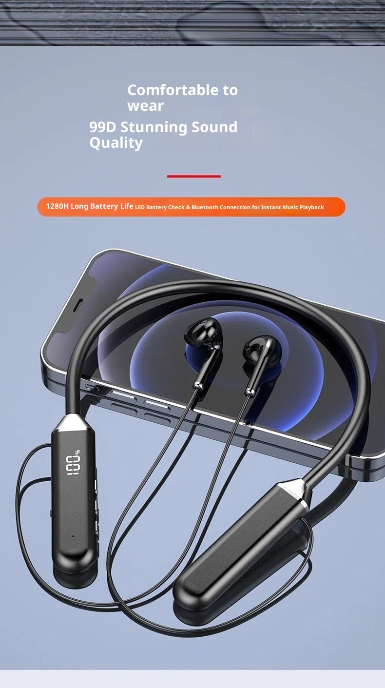 3c New Wireless Bluetooth LED Digital Display Sports Ultra-Long Battery Life Headset Gaming E-Sports Hanging Neck Style_voghion.com