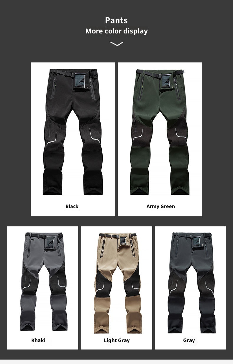 001 Plus Size Men's Outdoor Fleece Skiing Hiking Autumn Winter Thickened Warm Waterproof Wear-resistant Soft Shell Pants_voghion.com