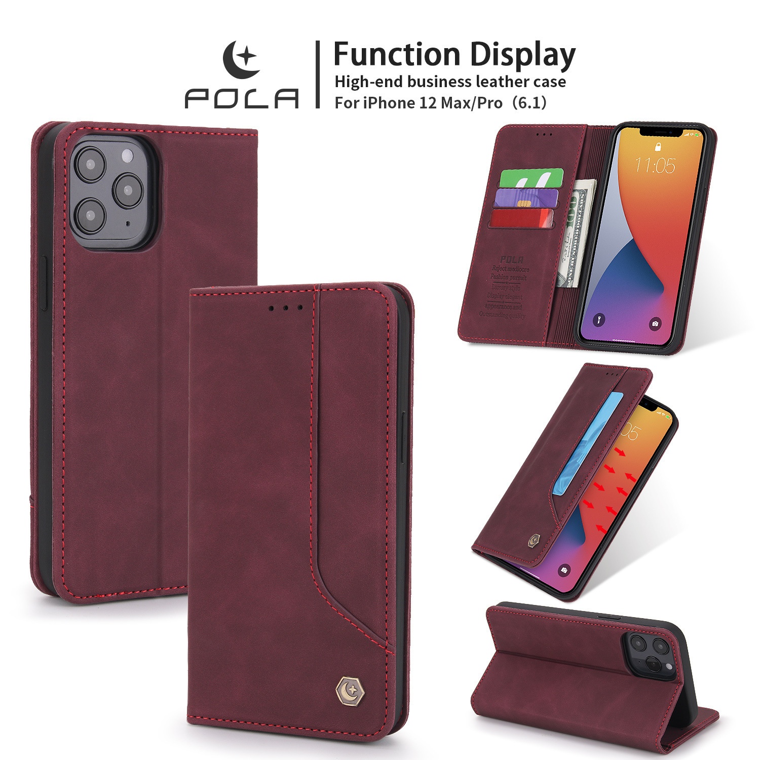 Custodia a portafoglio in pelle con slot per schede NFC e flip cover in PU con effetto pelle al tatto, adatta per iPhone 12 P40_voghion.com