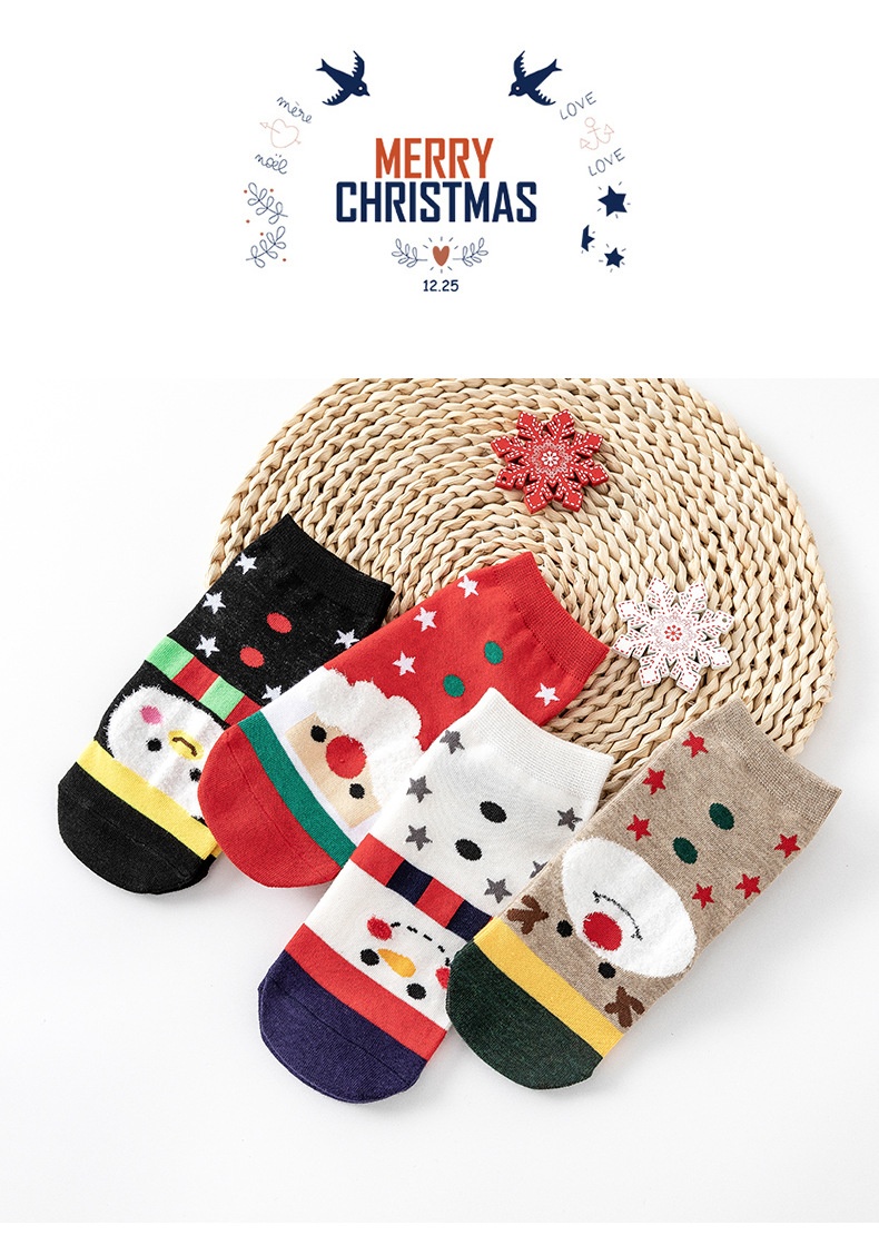 Lillian Women's Autumn Winter Cotton Cartoon 4 Pairs New Year Cute Japanese Style Christmas Short Socks_voghion.com