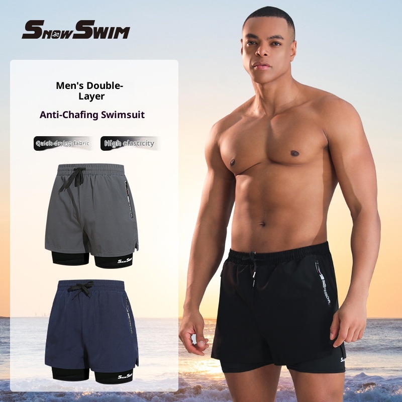001 001 Herren Doppellagige Badehose, schnelltrocknend, Anti-Peinlichkeits-Badehose, Strandshorts, Badebekleidung für heiße Quellen, Set_voghion.com