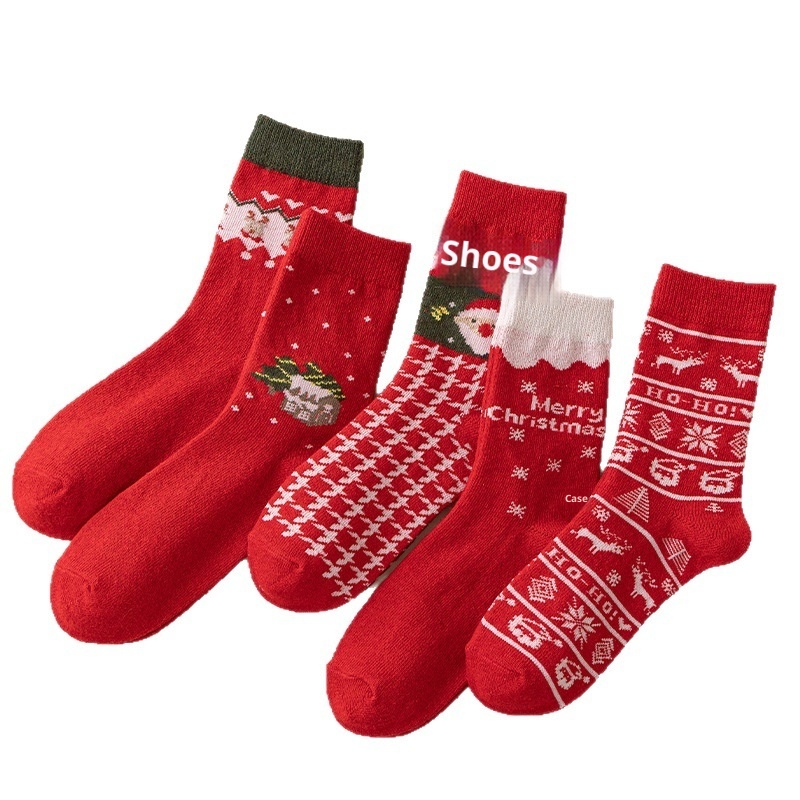 Lillian Cross-Border Trade Dames Mid-Calf Kasjmier Warme Verdikte Dames Kerst Rode Nieuwjaarssokken_voghion.com