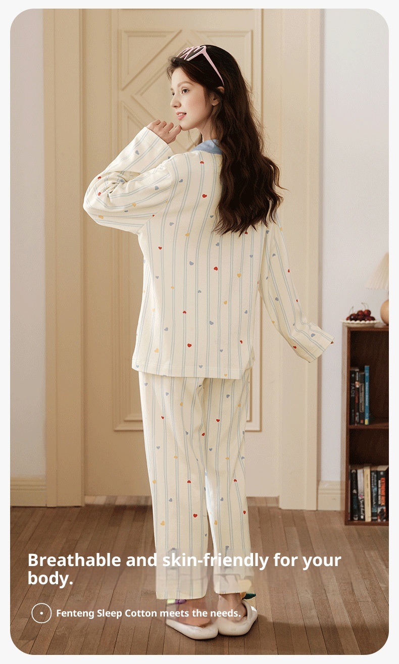 ChicShe Sleep Spring And Autumn New Long Sleeve Women's Pajamas Striped Cute Cartoon Loose Cotton Homewear Set_voghion.com