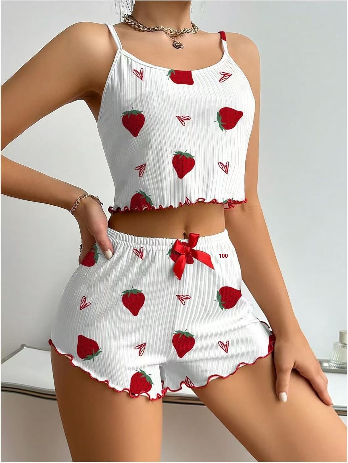 ChicShe European American Cross-Border Strawberry Heart Print Ribbed Pajama For Women With Camisole And Shorts Homewear_voghion.com