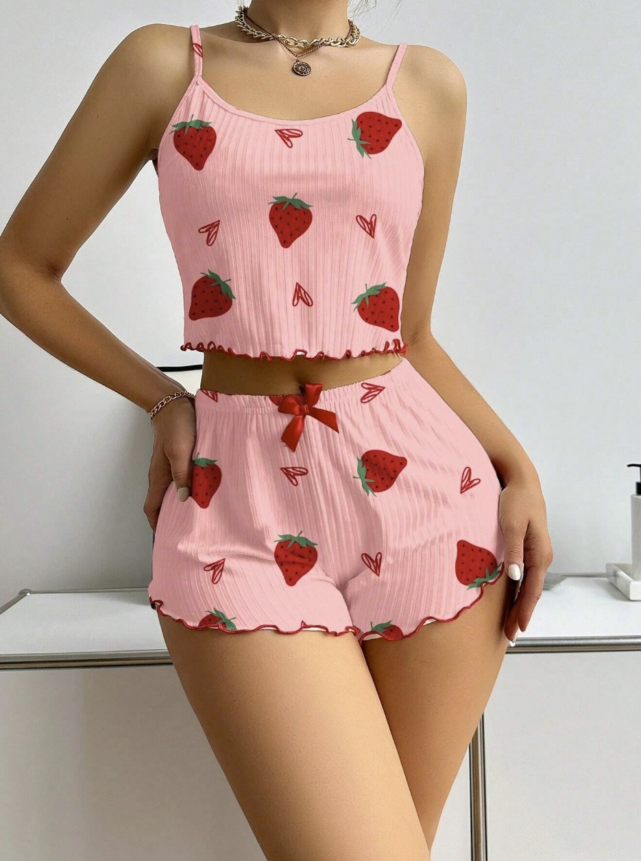 ChicShe European American Cross-Border Strawberry Heart Print Ribbed Pajama For Women With Camisole And Shorts Homewear_voghion.com