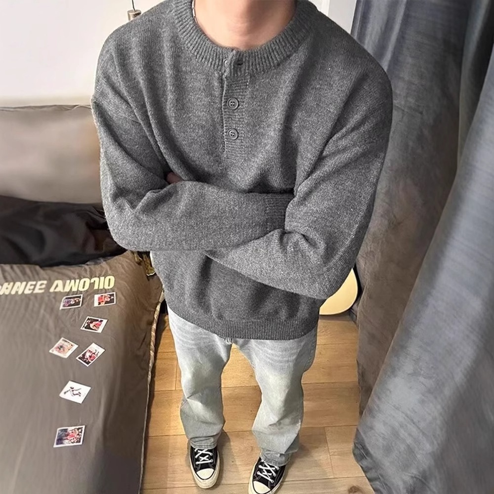 boy 2025 Henry Collar Spring Casual Inner Layer Base Shirt American Cool Men's Knitted Sweater Autumn And Winter Style_voghion.com