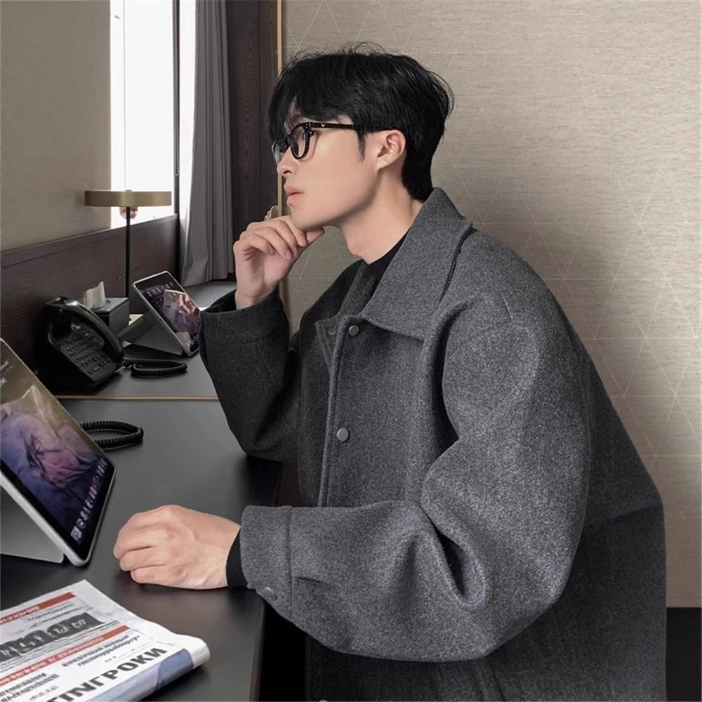 boy Mature And Stable Men's Gray Lapel Jacket Autumn Korean Style Cleanfit Loose Wool Coat Outerwear_voghion.com