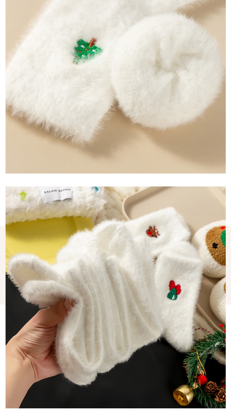 Lillian Lillian Autumn Winter Women White Mink Velvet Snowman Santa Claus Christmas Tree Elements Thickened Warm Socks_voghion.com