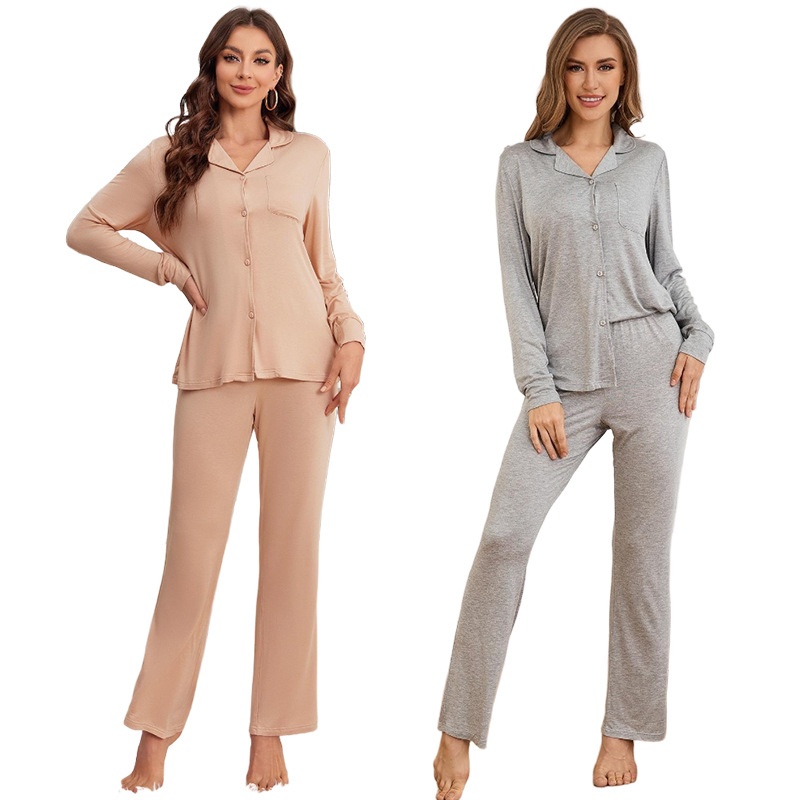 ChicShe European American Style Autumn Winter Modal Long Sleeve Shirt And Pants Two-Piece Set Homewear Women's Pajamas_ecoleips.com