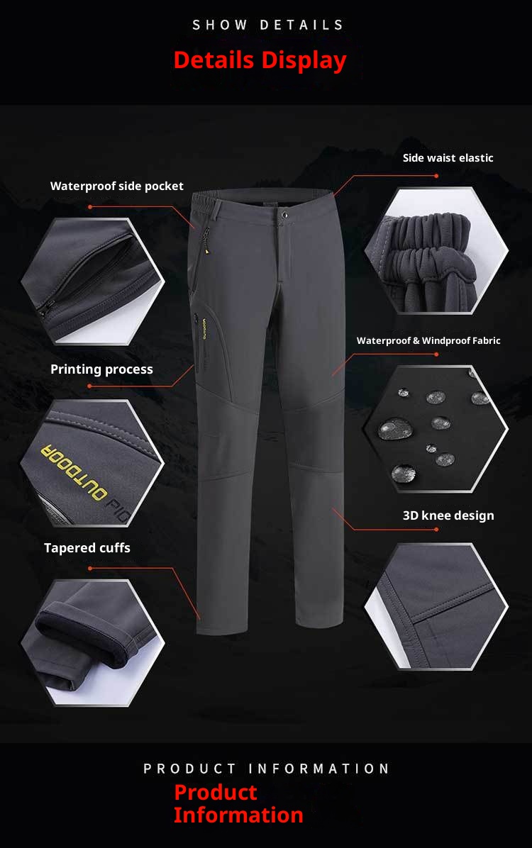 001 Soft Shell Softshell Men Women Fleece-Lined Ski Thickened Warm Outdoor Fleece Hiking Pants_voghion.com