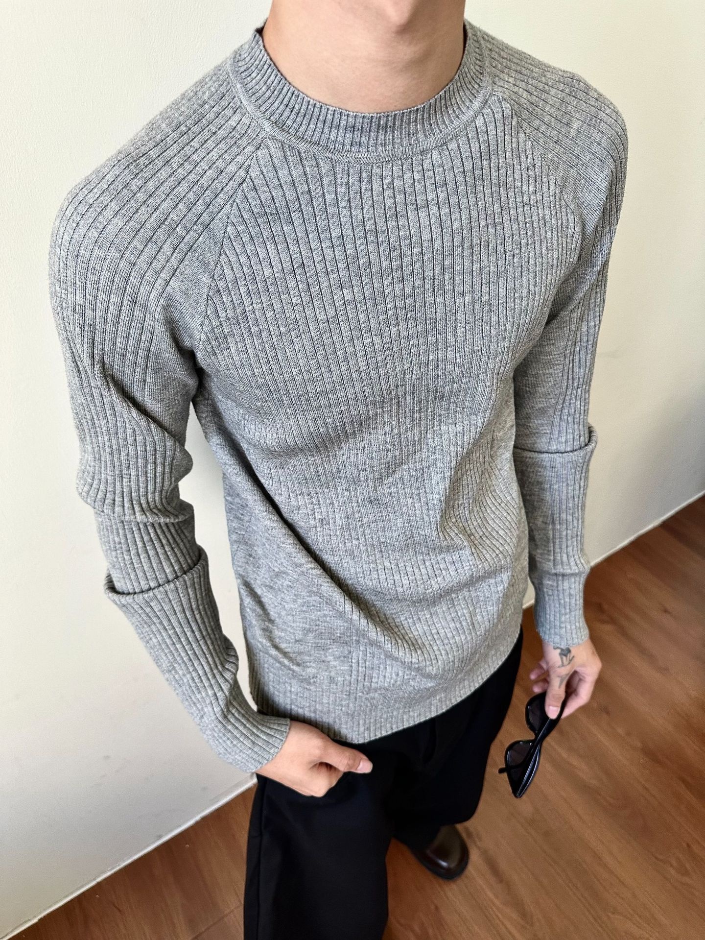 ragazzo MADEEXTREME Maglione largo a coste Old Money Slim Fit Manica lunga Strato base Girocollo Unisex_voghion.com