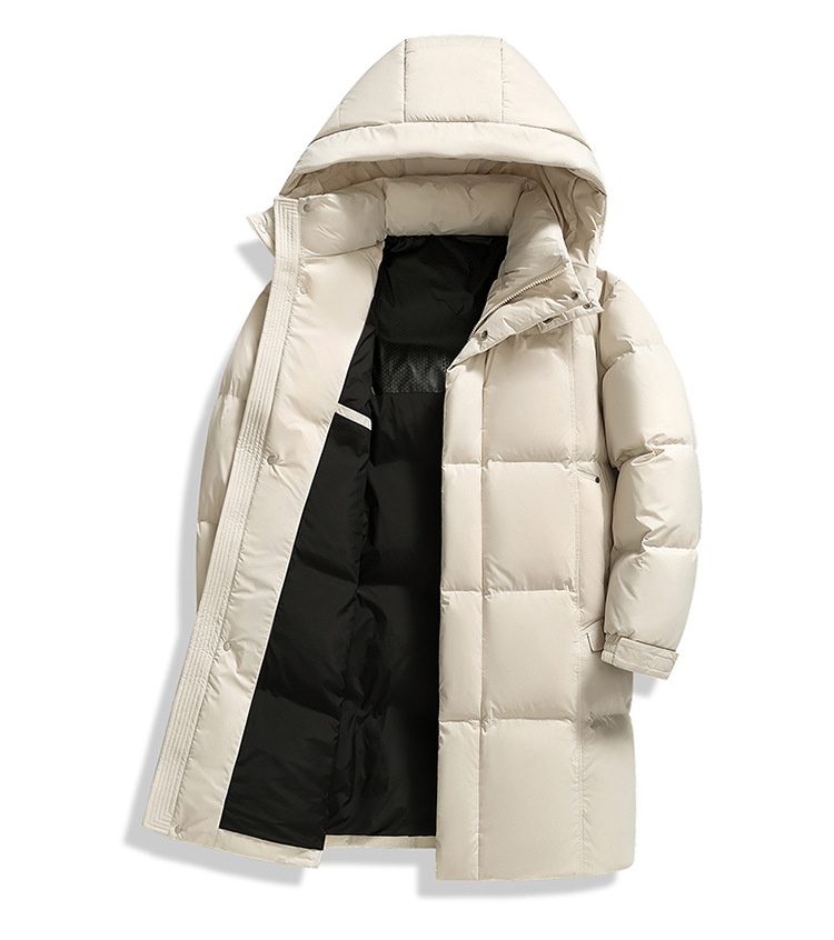 Winterjacke für Herren, Modell 2025: Lange, dicke, warme, weiße Daunenjacke mit Kapuze – perfekt für Männer mittleren Alters und Väter._voghion.com