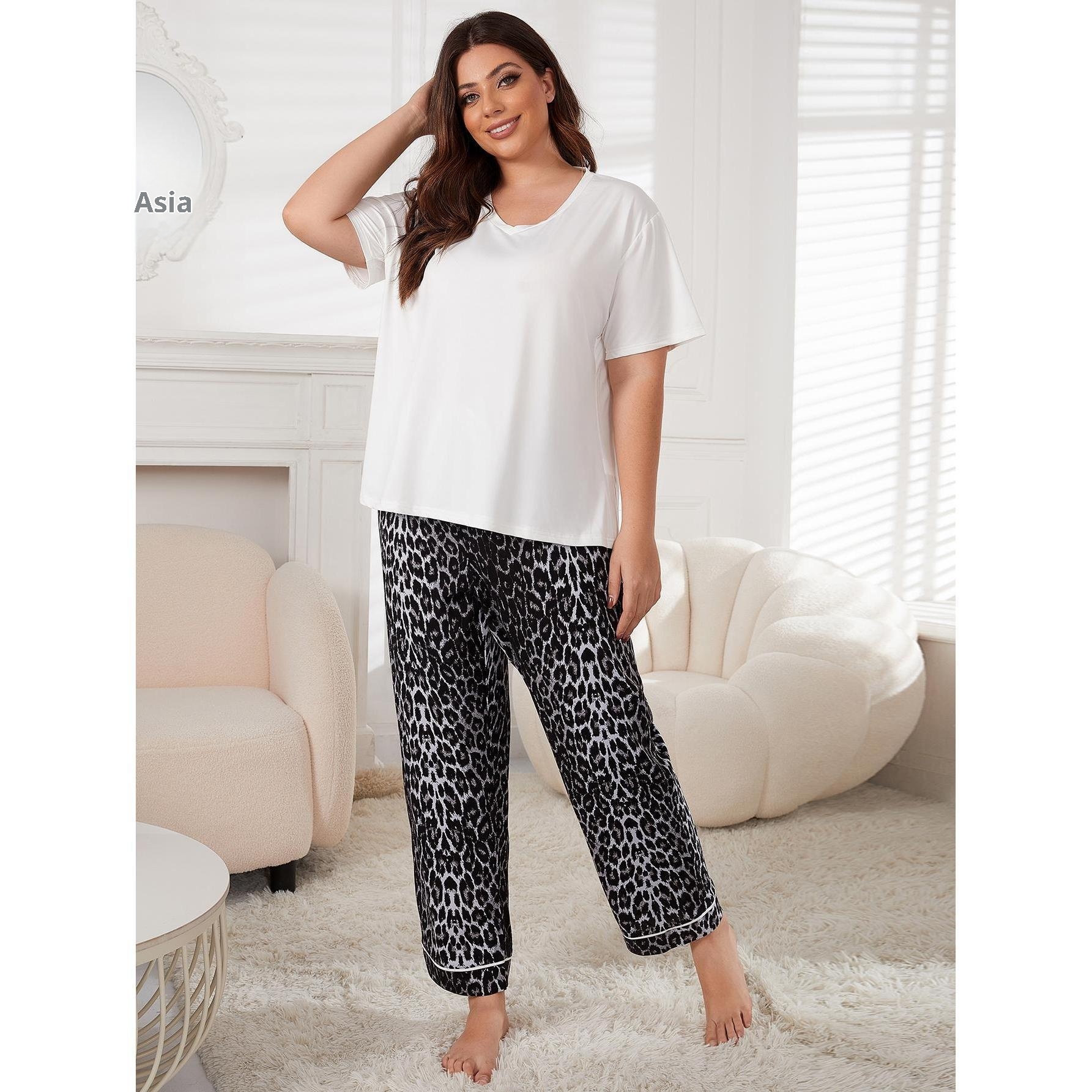 ChicShe European And American Foreign Trade Plus Size Women's Summer Leopard Print Short Sleeve Long Pants Fat MM_voghion.com
