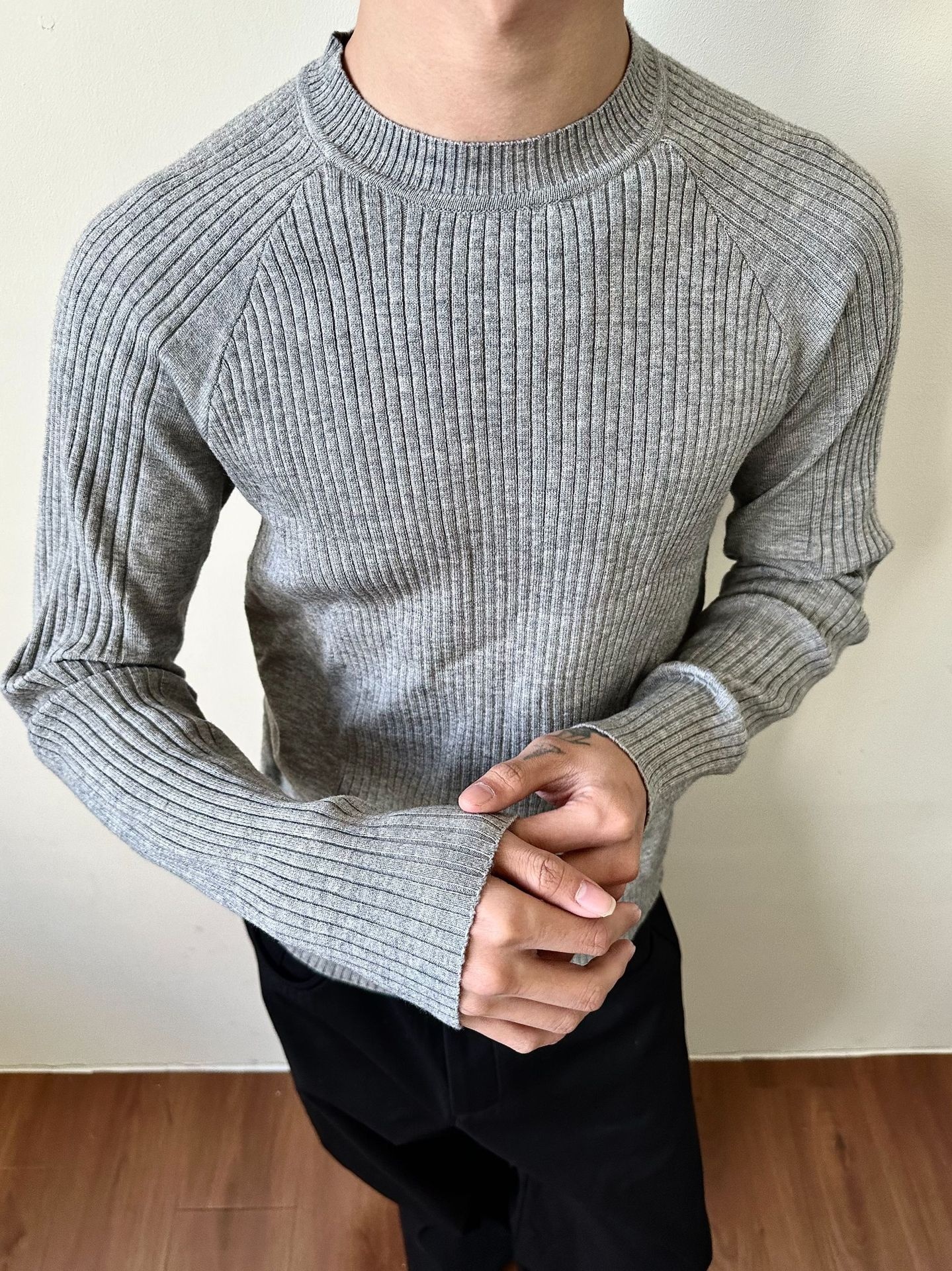 ragazzo MADEEXTREME Maglione largo a coste Old Money Slim Fit Manica lunga Strato base Girocollo Unisex_voghion.com