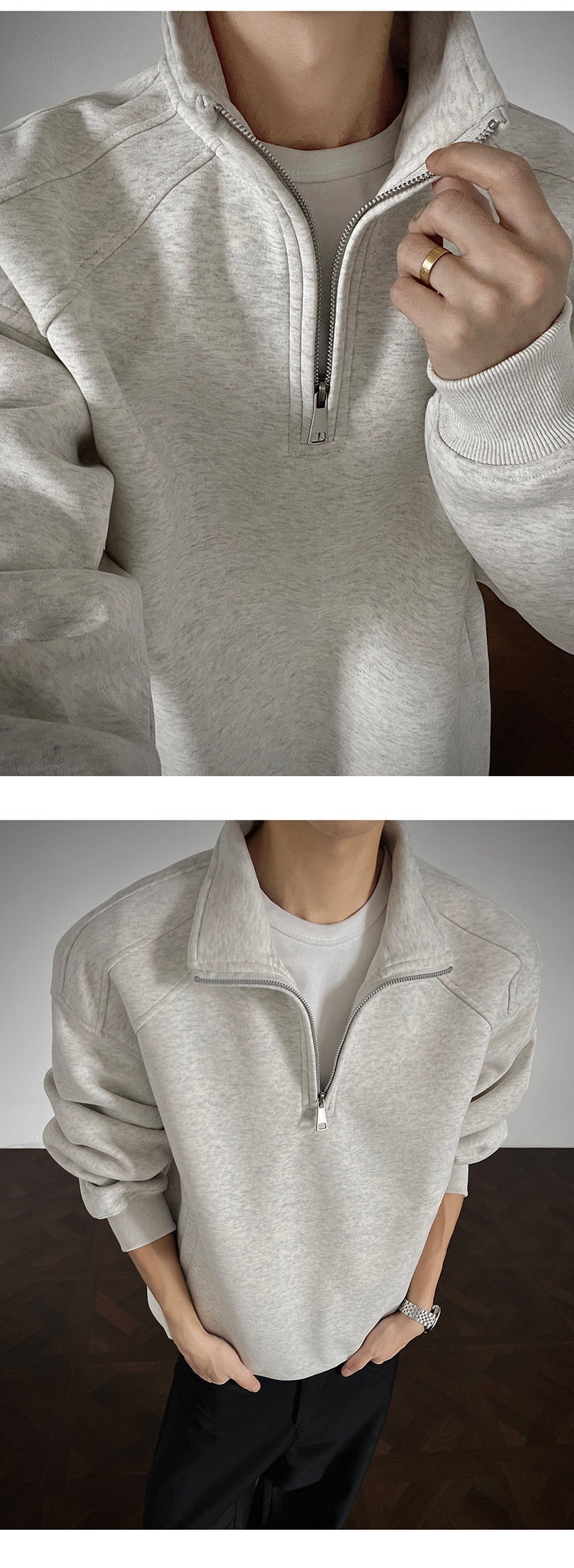 Herren-Sweatshirt im amerikanischen Retro-Stil mit halbem Reißverschluss und Stehkragen, locker geschnitten, Herbst 2025, Modell Heavy Loose Couple Jacket_voghion.com