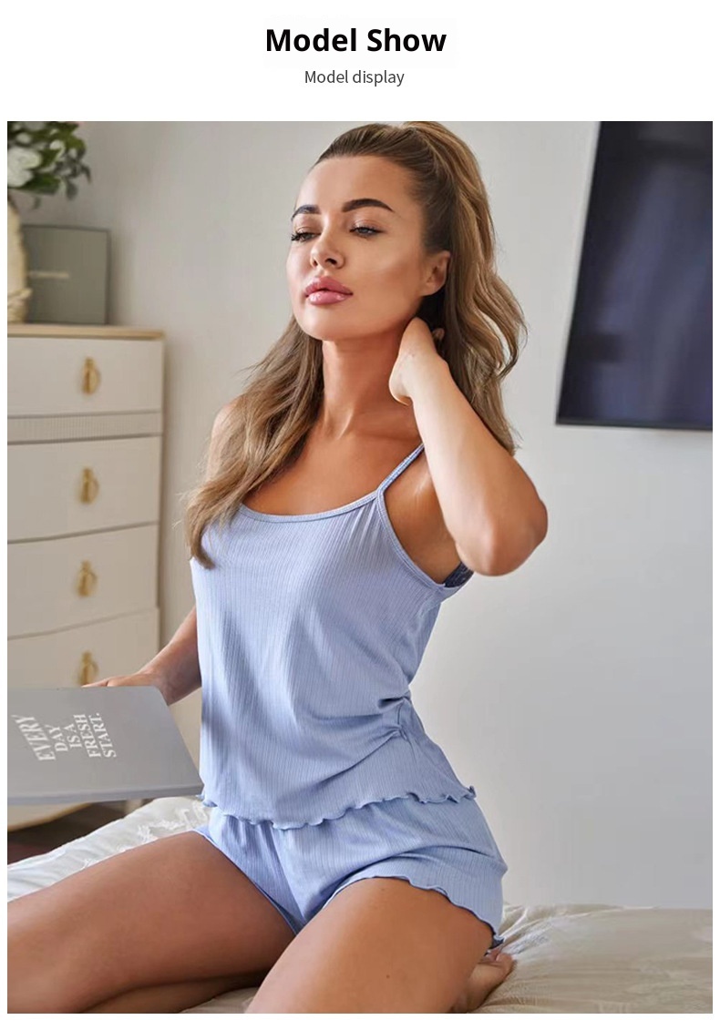 ChicShe Autumn And Summer Homewear Pajamas For Women Plus Size Two-Piece Solid Color Simple Breathable Loose Strap Shorts Set_voghion.com