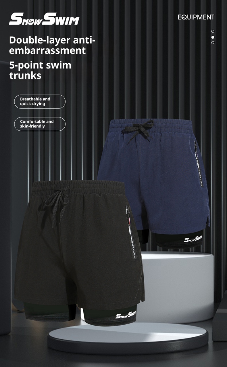 001 001 Herren Doppellagige Badehose, schnelltrocknend, Anti-Peinlichkeits-Badehose, Strandshorts, Badebekleidung für heiße Quellen, Set_voghion.com