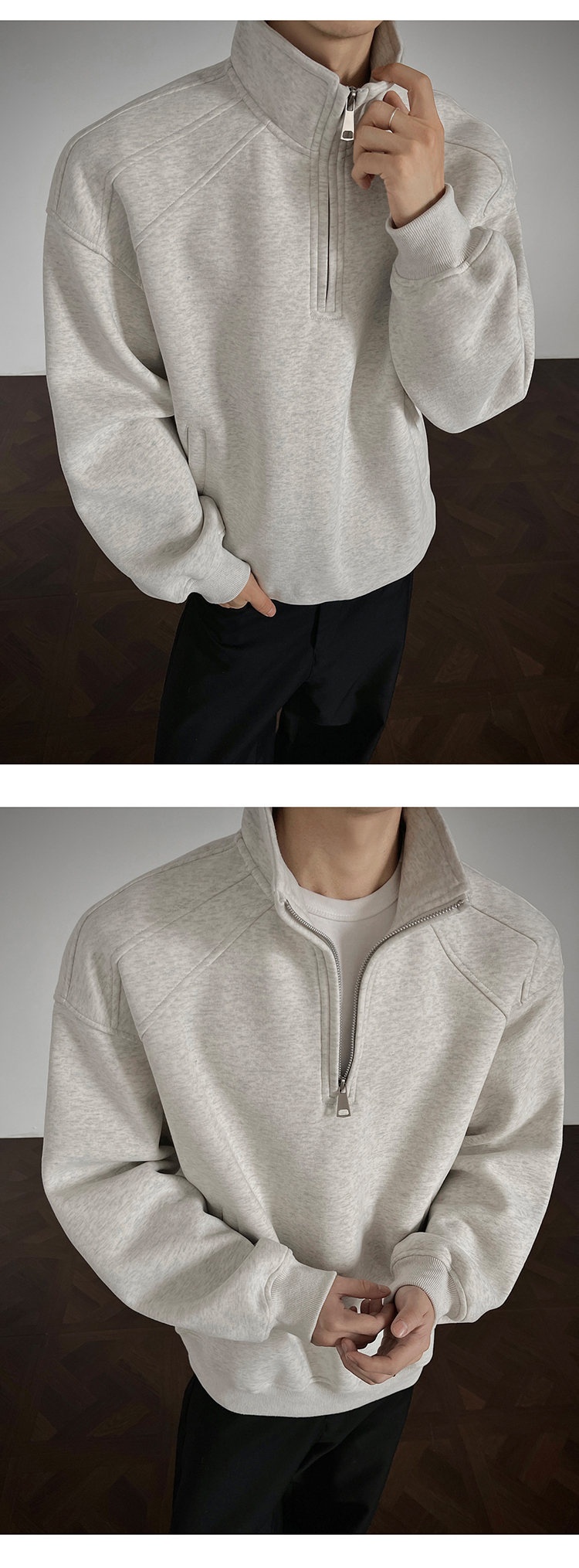 Herren-Sweatshirt im amerikanischen Retro-Stil mit halbem Reißverschluss und Stehkragen, locker geschnitten, Herbst 2025, Modell Heavy Loose Couple Jacket_voghion.com