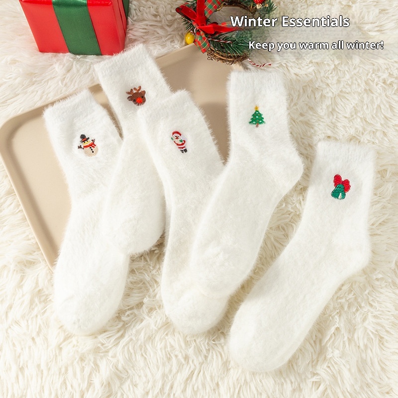 Lillian Lillian Autumn Winter Women White Mink Velvet Snowman Santa Claus Christmas Tree Elements Thickened Warm Socks_voghion.com