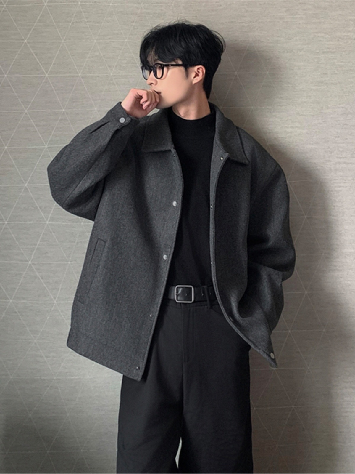 boy Mature And Stable Men's Gray Lapel Jacket Autumn Korean Style Cleanfit Loose Wool Coat Outerwear_voghion.com