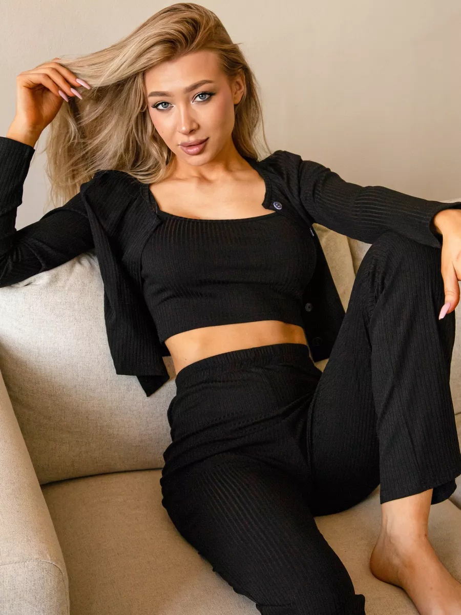 ChicShe Russian Three-Piece Set Ken Stripe Knitted Pajamas Top Long Pants Women's Wearable Outside Homewear_voghion.com