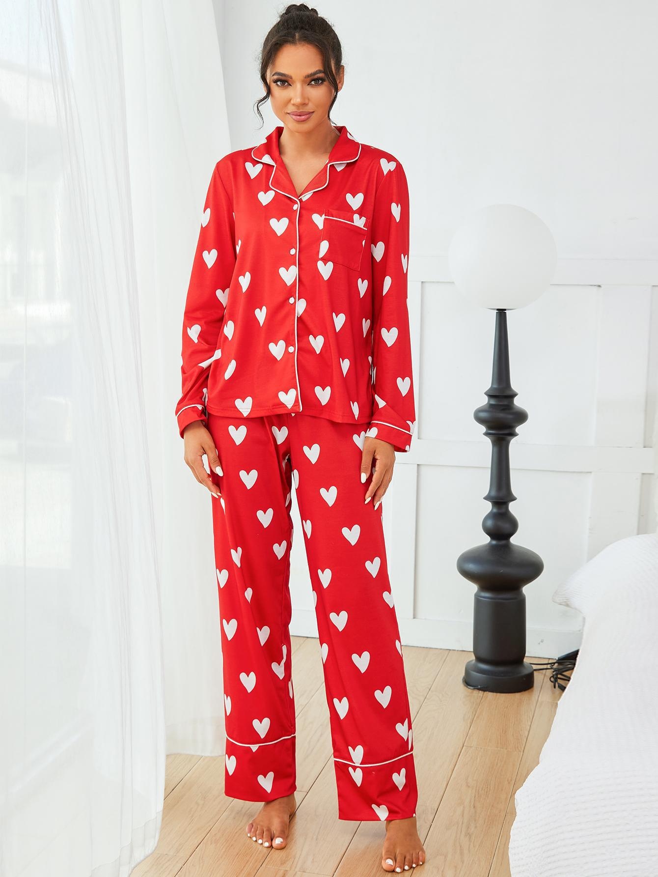 ChicShe European American Cross-Border Women's Pajamas Autumn Winter Heart Print Long Sleeve Shirt And Pants Two-Piece_voghion.com