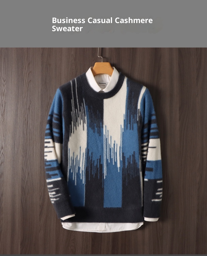 boy Boy Boy 100% Pure Wool Sweater For Men, Round Neck, Color Block Gradient, Thickened, Loose Fit, Business Casual Cashmere Knitted_voghion.com