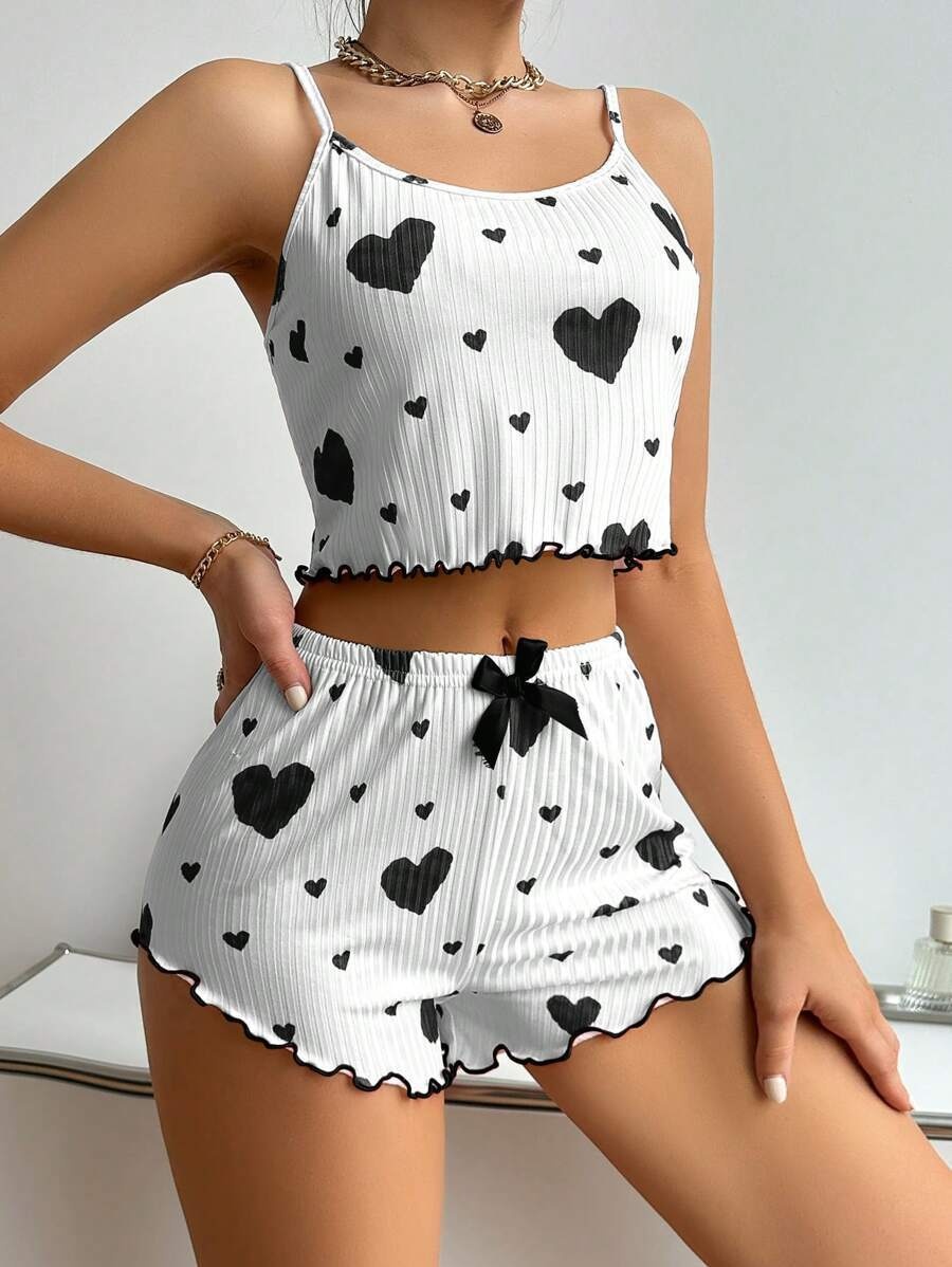 ChicShe Cross-Border Hot-Selling Women's Homewear Heart Print Camisole Shorts Casual Ribbed Wearable European And American Style_voghion.com