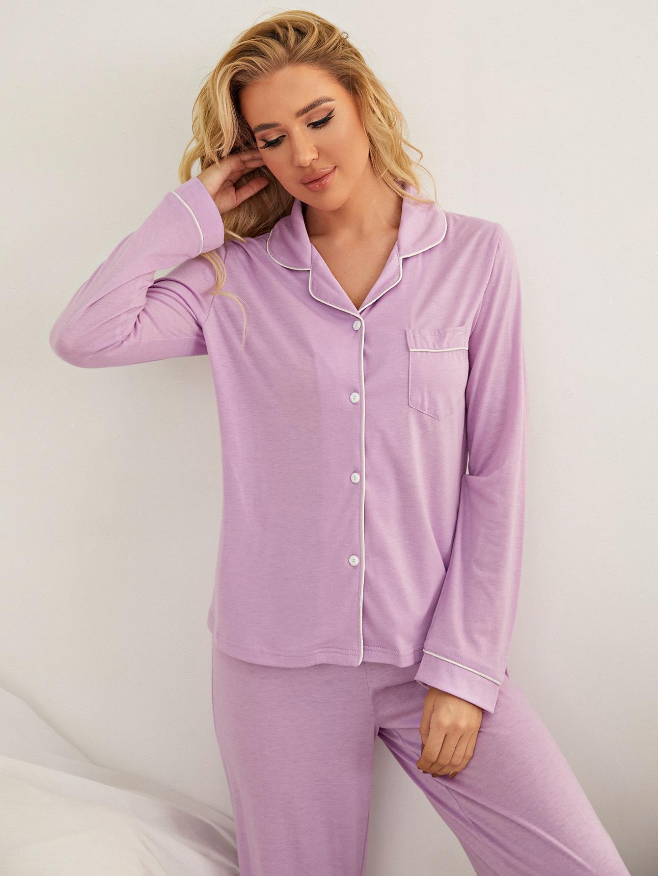 ChicShe Pigiama da donna in stile europeo e americano transfrontaliero Autunno Inverno Cardigan con maniche a tinta unita Pantaloni lunghi_voghion.com