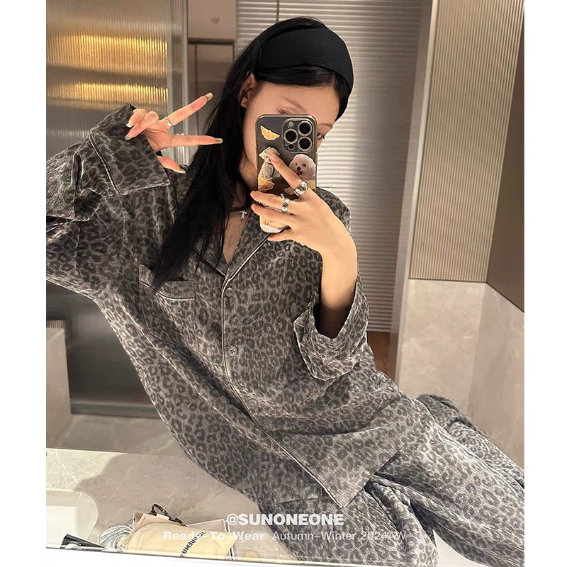 ChicShe De Rong Women's Pajamas Autumn Winter New Leopard Print Cardigan Turn-down Collar Thickened High-end Loose Couple_voghion.com
