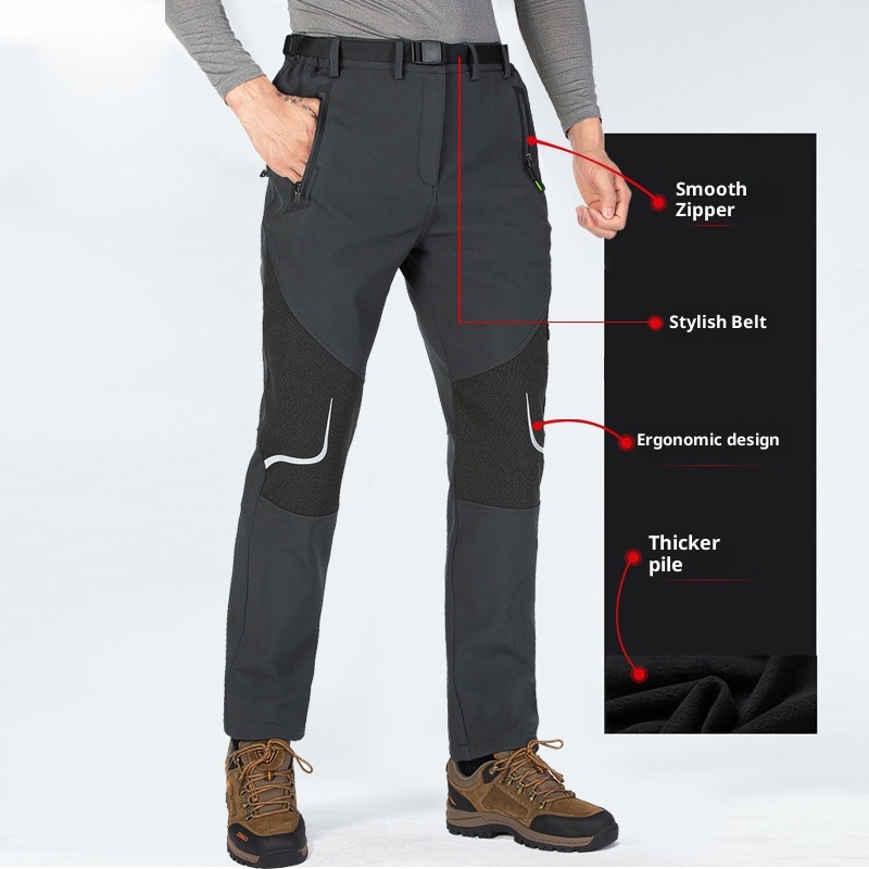 001 Plus Size Men's Outdoor Fleece Skiing Hiking Autumn Winter Thickened Warm Waterproof Wear-resistant Soft Shell Pants_voghion.com