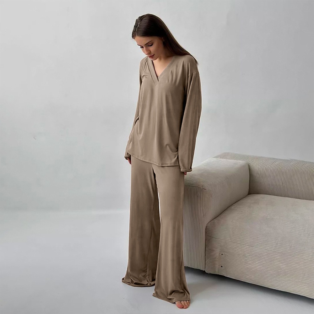 ChicShe Cross-Border V-Neck Sleeve Long Pants Pajama Set European And American 2025 Autumn New Knitted Pajamas Export Home Wear_voghion.com