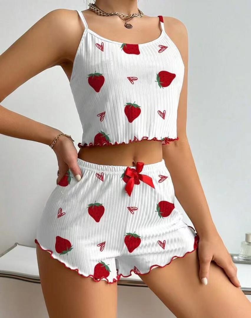 ChicShe European And American Style Women's Pajamas Ribbed Heart Print Sexy Camisole Shorts Homewear Two-Piece Set Cross-Border_voghion.com