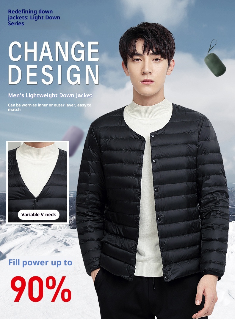 boy Lightweight Jacket Men's Short Style Autumn Winter New Collarless Liner Plus Size Inner Wear Base Layer Round Neck White_voghion.com