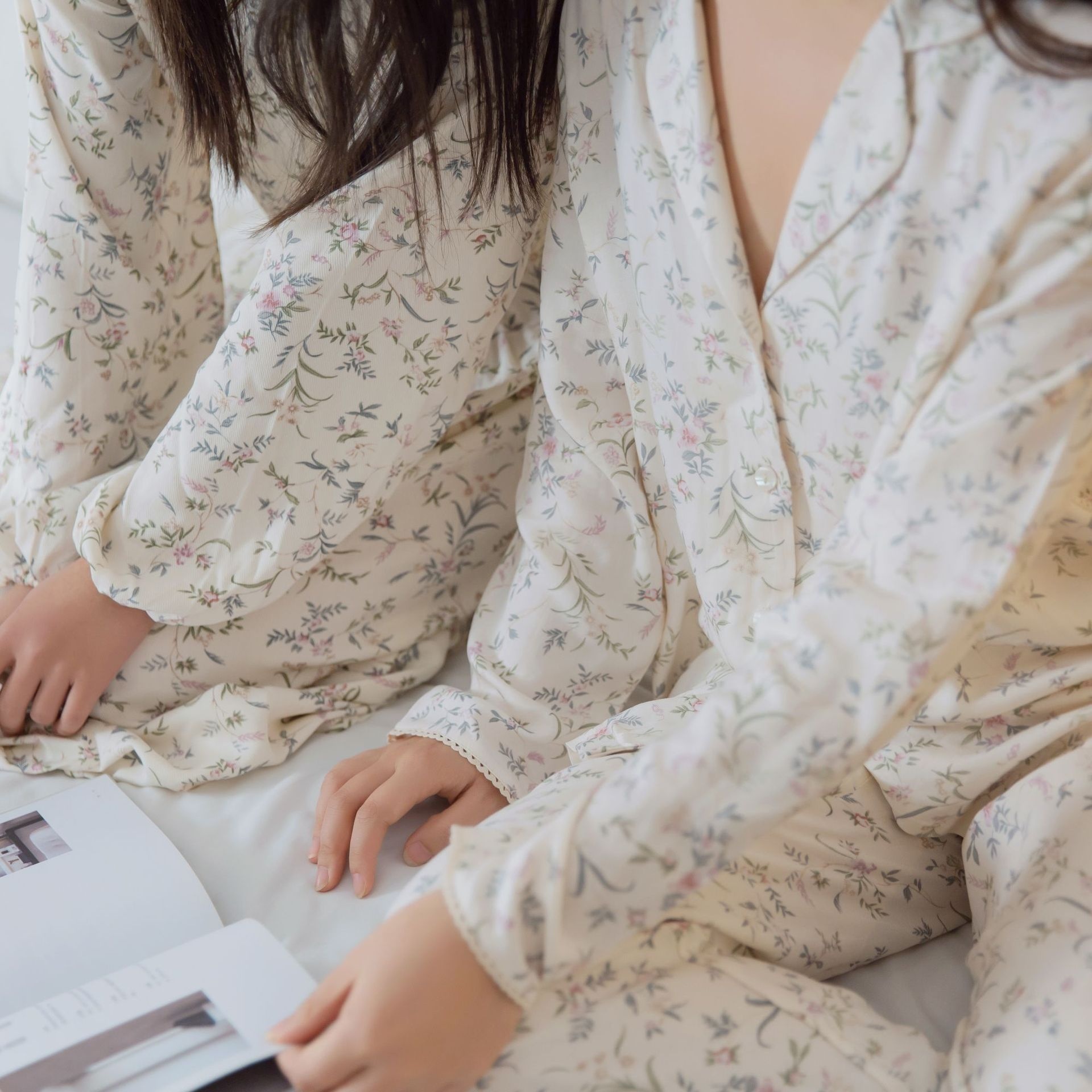 ChicShe Spanish O Marka Kadın İlkbahar Yaz Gül Uzun Kollu Vintage Küçük Çiçekli Pamuklu Rayon Pijama Takımı Kadınlar İçin_voghion.com