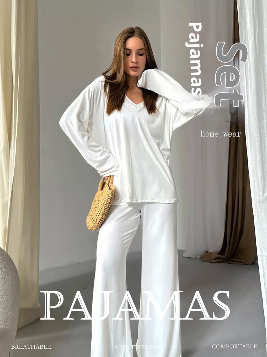 ChicShe Cross-Border V-Neck Sleeve Long Pants Pajama Set European And American 2025 Autumn New Knitted Pajamas Export Home Wear_voghion.com