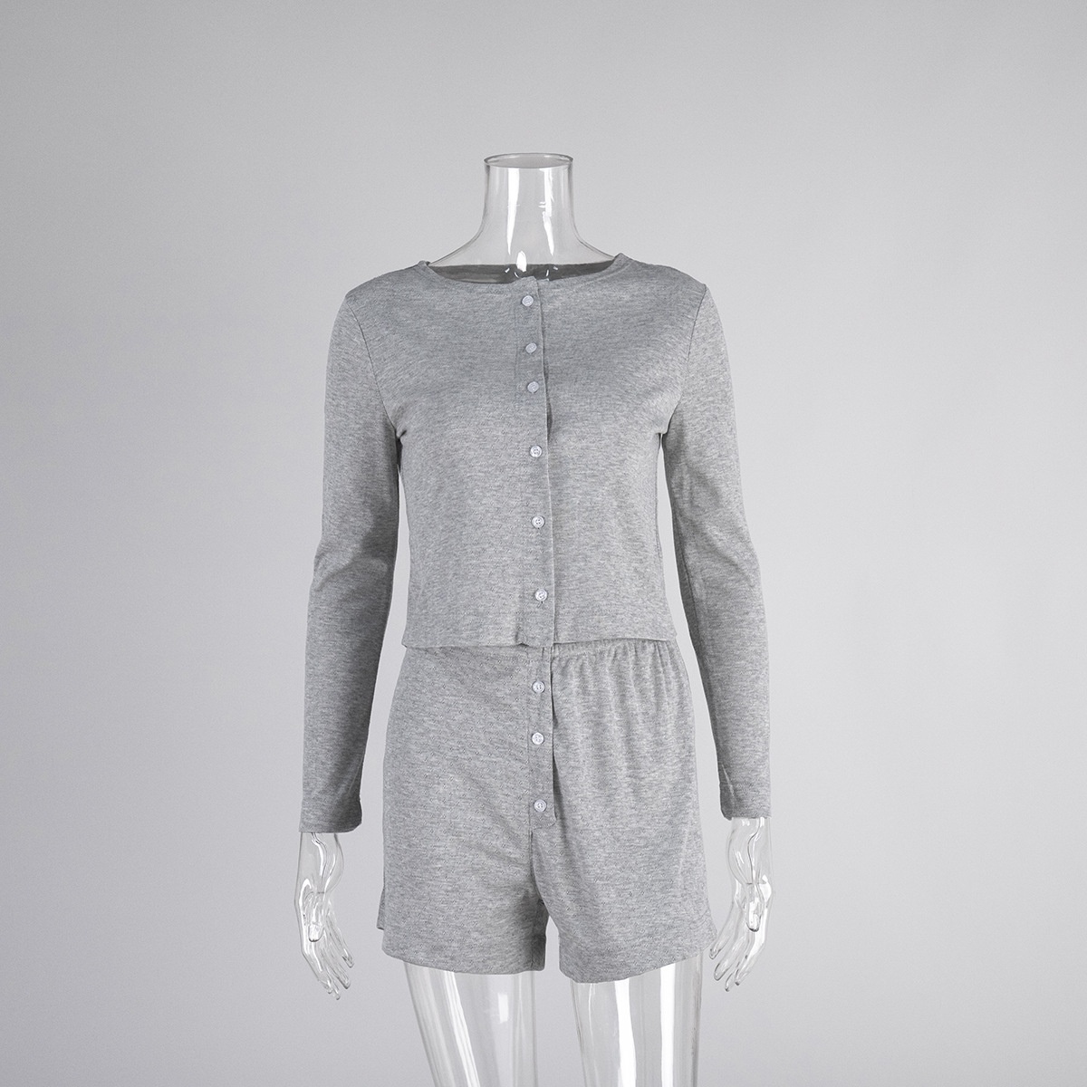 ChicShe Cross-Border Gray Long-Sleeve Shorts Pajama Set European And American 2025 Spring New Knitted Pajamas Export Home Wear_voghion.com